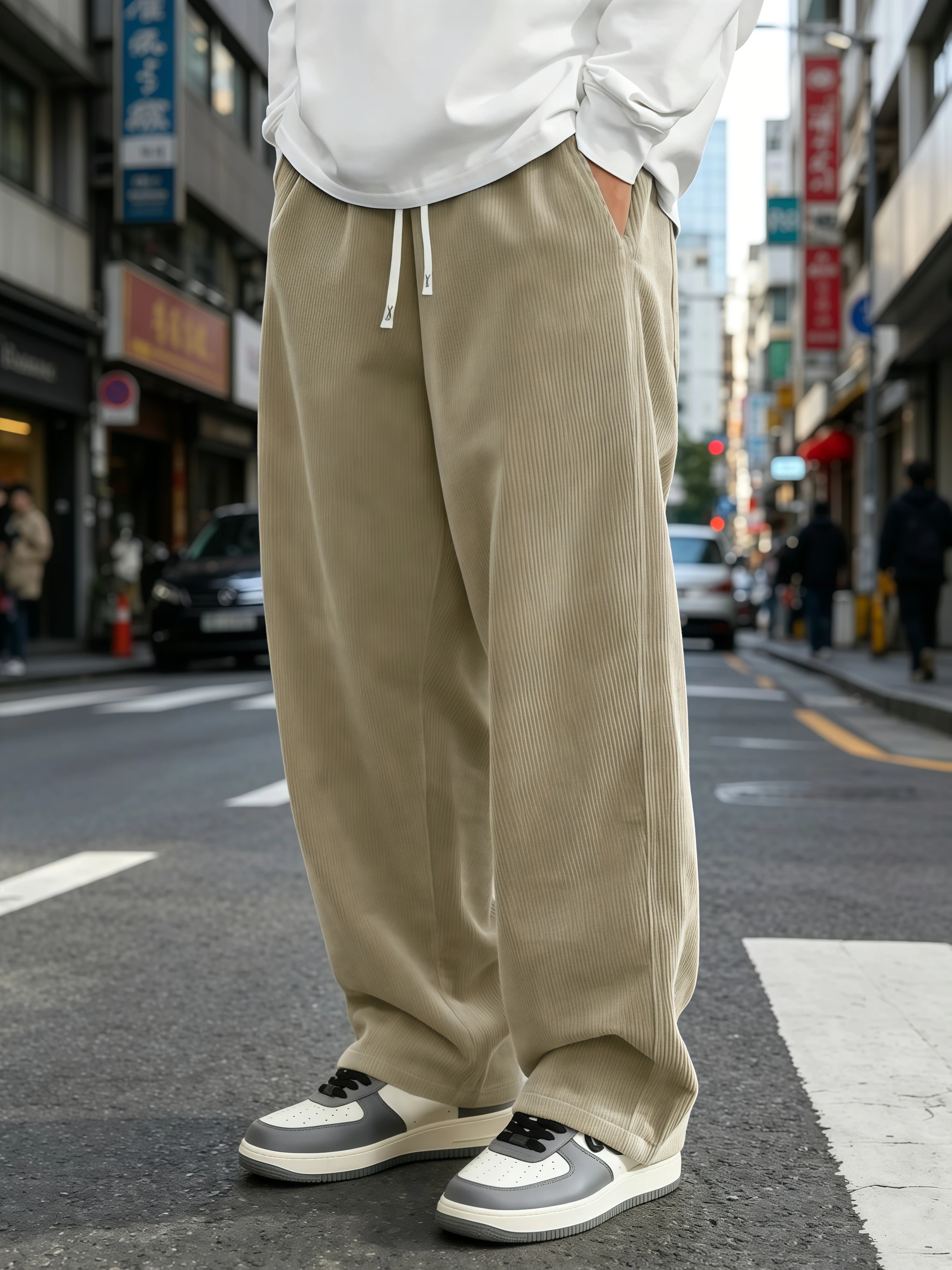 Herren Cordhose mit weitem Bein, einfarbig, lockerer Schnitt, elastischer Kordelzug, gerade geschnittene Outdoor-Streetwear-Hose S-4XL – Detail 5