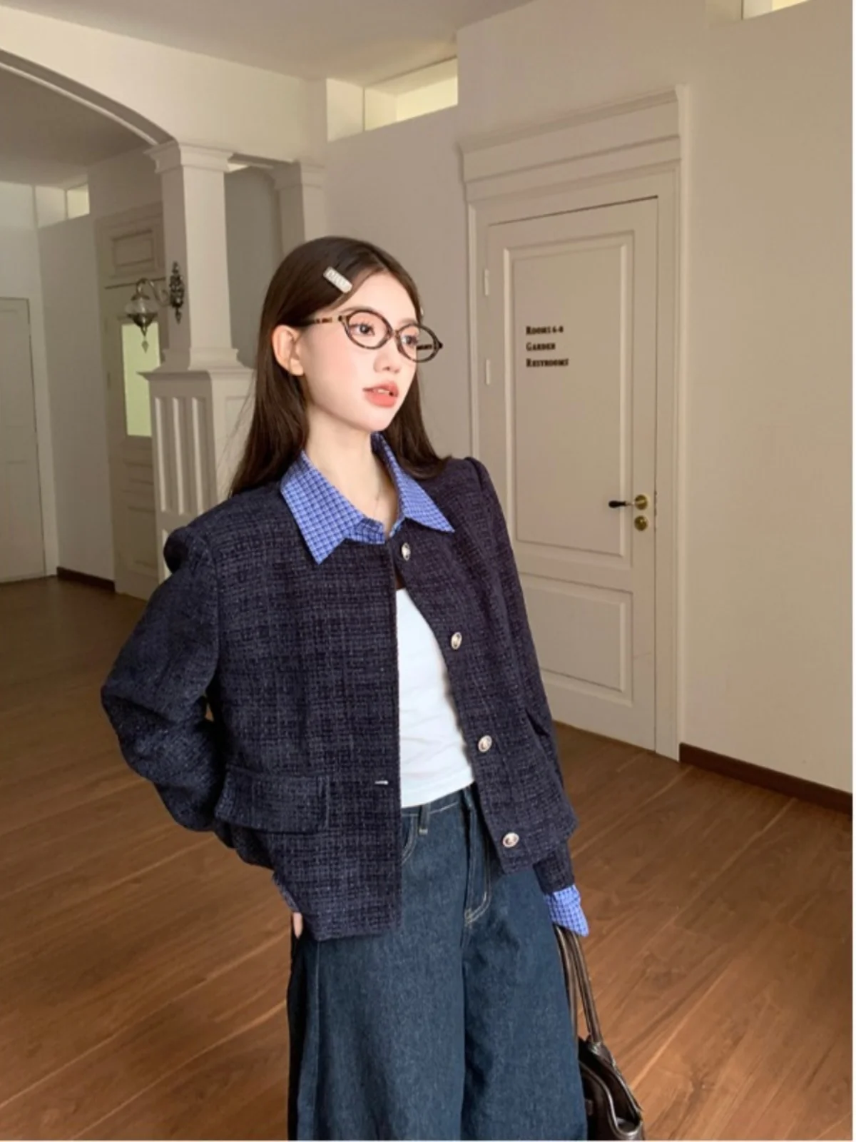 

Элегантный женский твидовый жакет на зиму с отложным воротником, декорированный заклепками, в стиле спортивной формы для бадминтона и бейсбола, для занятий спортом и повседневной носки.