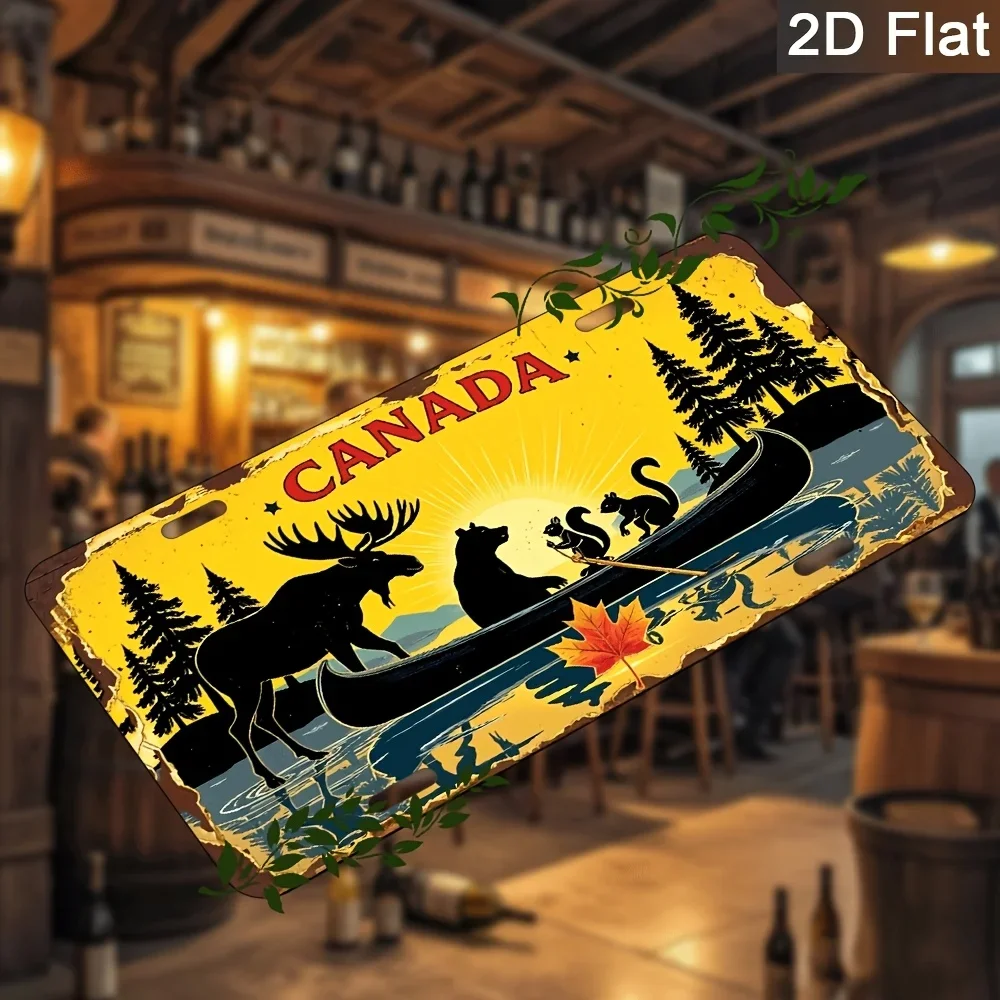 1pc Vintage Canadian Wilderness Metal Sign - Moose, Canoe & Pine Trees Retro Decoration - 6x12 Inch (15x30cm) Aluminum Plaque