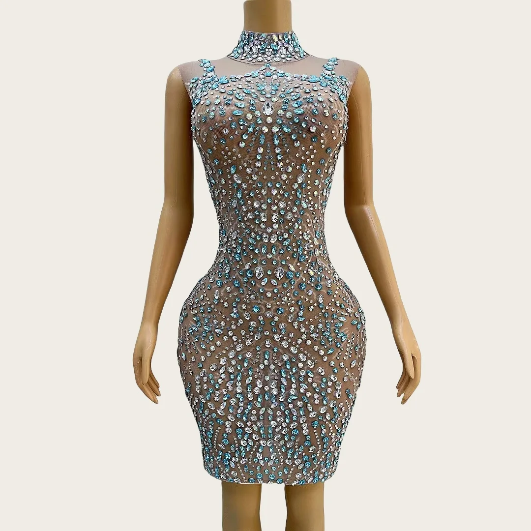 

Huajia High-end Sparkly Rhinestone Tight Fitting Mini Dress Sexy See Through Mesh Short Dress Prom Birthday Party Women Couture