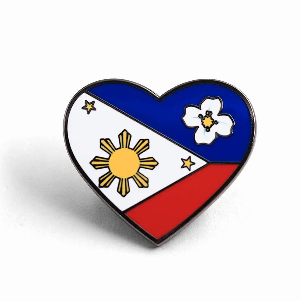 1 Pin Esmaltado de la Bandera de Filipinas con Corazón, Insignia de la Flor Nacional del Sol y Jazmín, Souvenir Patriótico de Viaje, Accesorio de Moda, Regalo