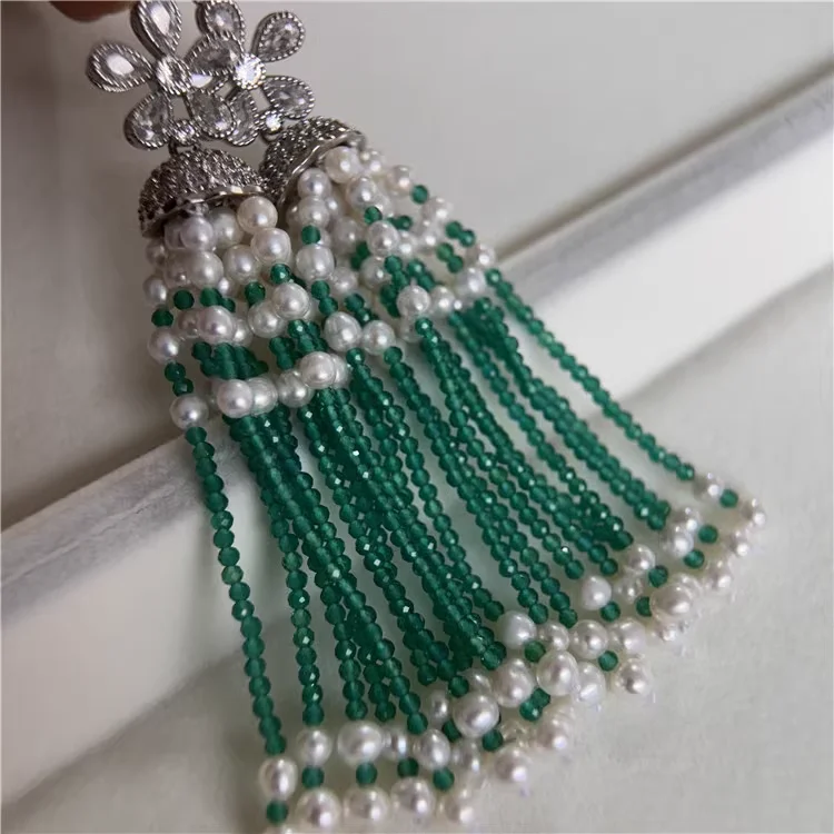 Natural White Pearl Green  Agates CZ Pave Dang Earrings Cute For Women