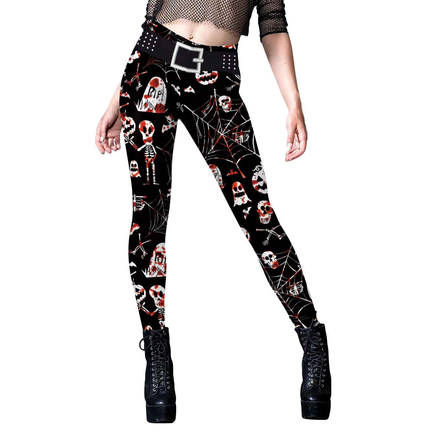 Women Leggings Sexy Tights Party Knight Wear Halloween Pumpkin Ghost Rose Skull Print Trousers Mid Waist Workout Pants