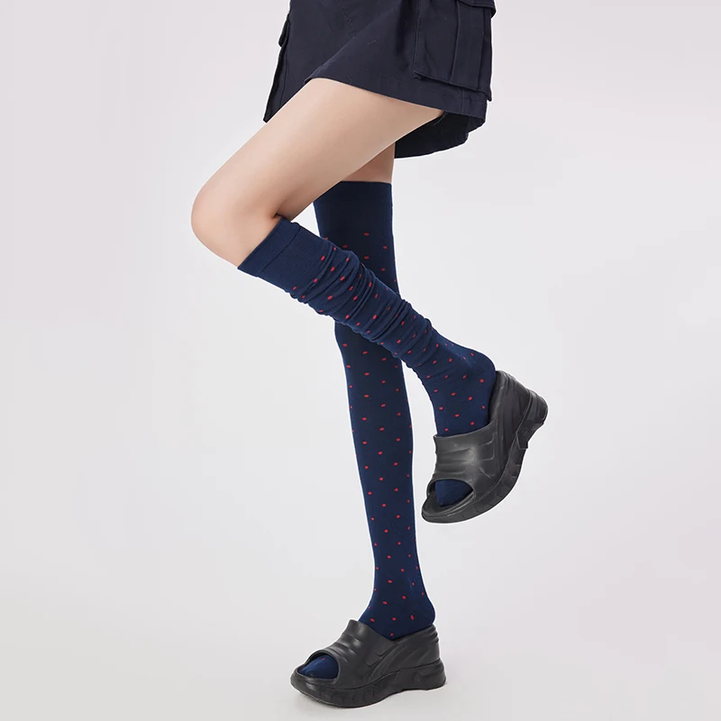 Spring Ladies Polka Dot Knee High Socks Fashionable High Quality Combed Cotton Stockings Suitable For Women\'s Clothing With Gift
