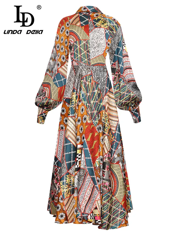 LD LINDA DELLA 2023 New Designer Spring Dress Womenr Turn-down Collar Single Breasted Lantern Long Sleeve Vintage Print Dress