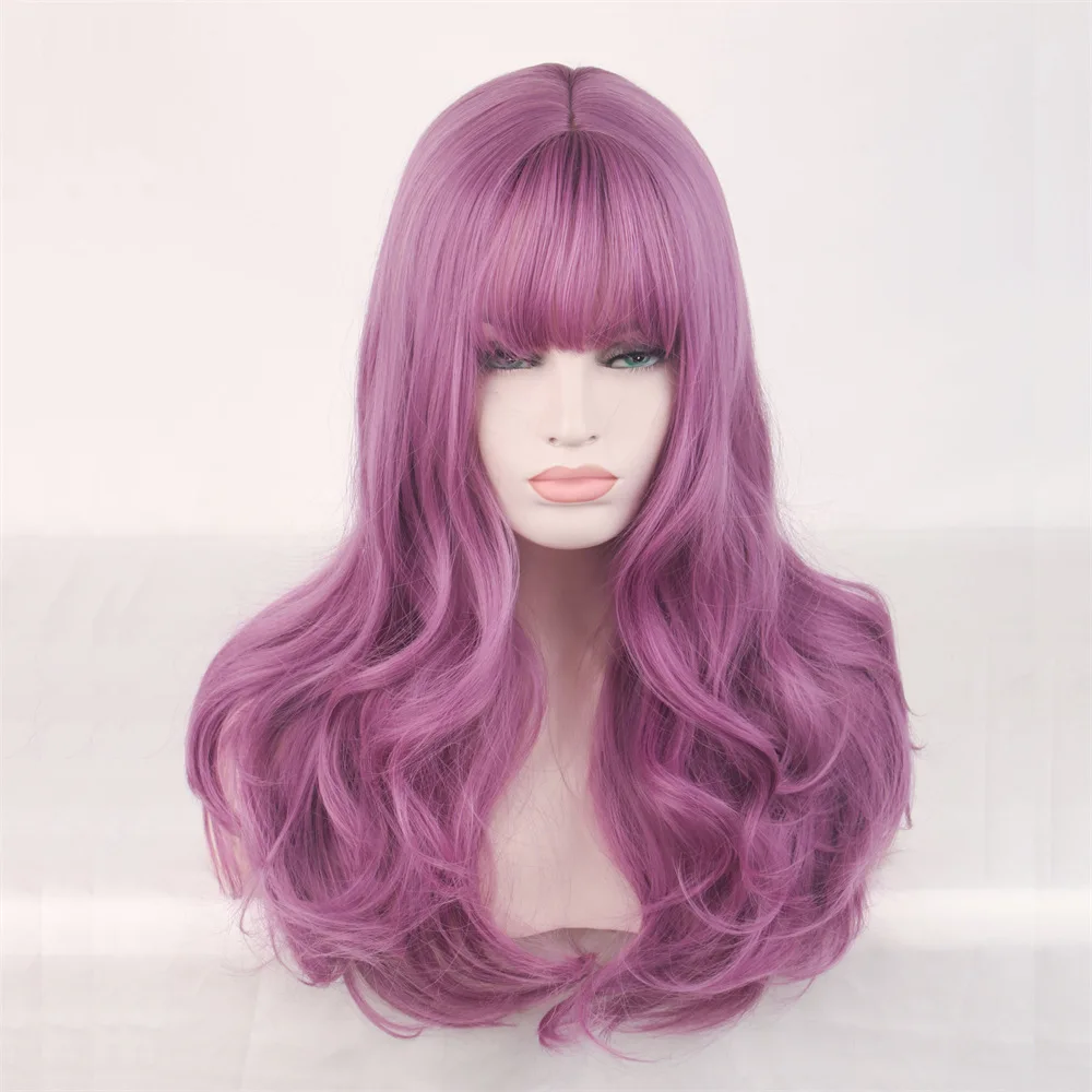 

Purple set female qi bangs full head cover wig long curly hair air bangs chemical fiber high temperature silk curls