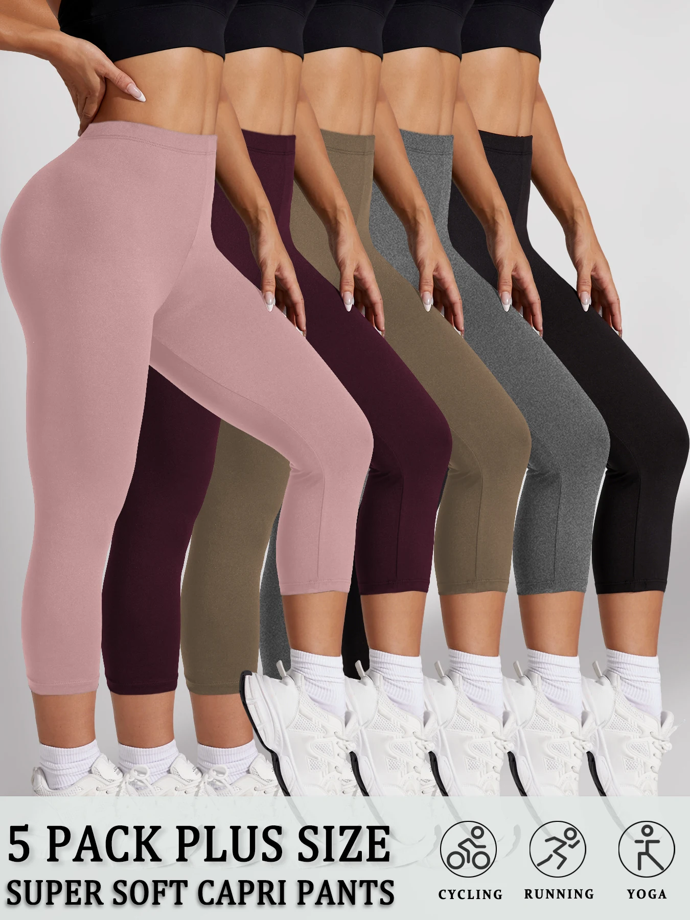 

Plus Size 5 Pack Super Soft capri pants For Women, No See Through Workout Running Yoga Athletic Leggings Running
