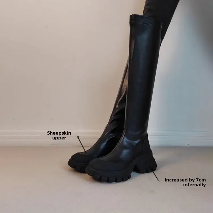 

Women Genuine Leather Knee High Boots Thick Soled Elastic Knight Boots Outdoor Back Zipper Boot Comfortable Warm Women Boot