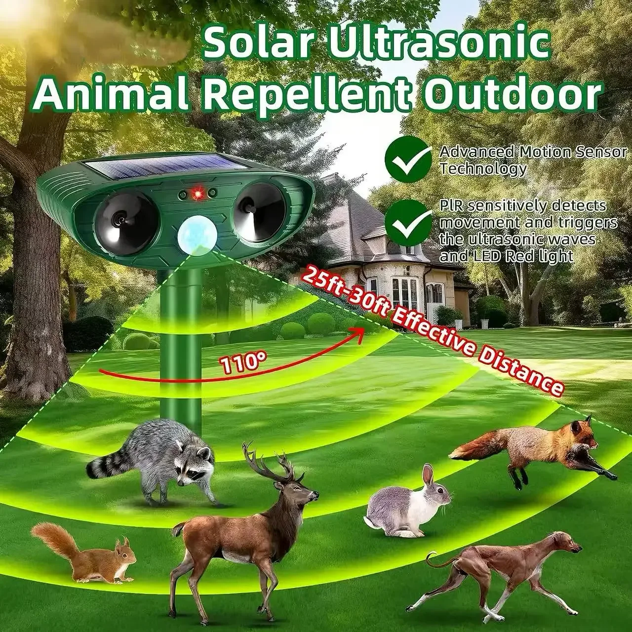 Yard Solar Ultrasonic Wild Animal Repeller IPX4 Waterproof PIR Infrared Sensor Outdoor Pest Repel Dog Cat Bird Squirrel Rats - view 4