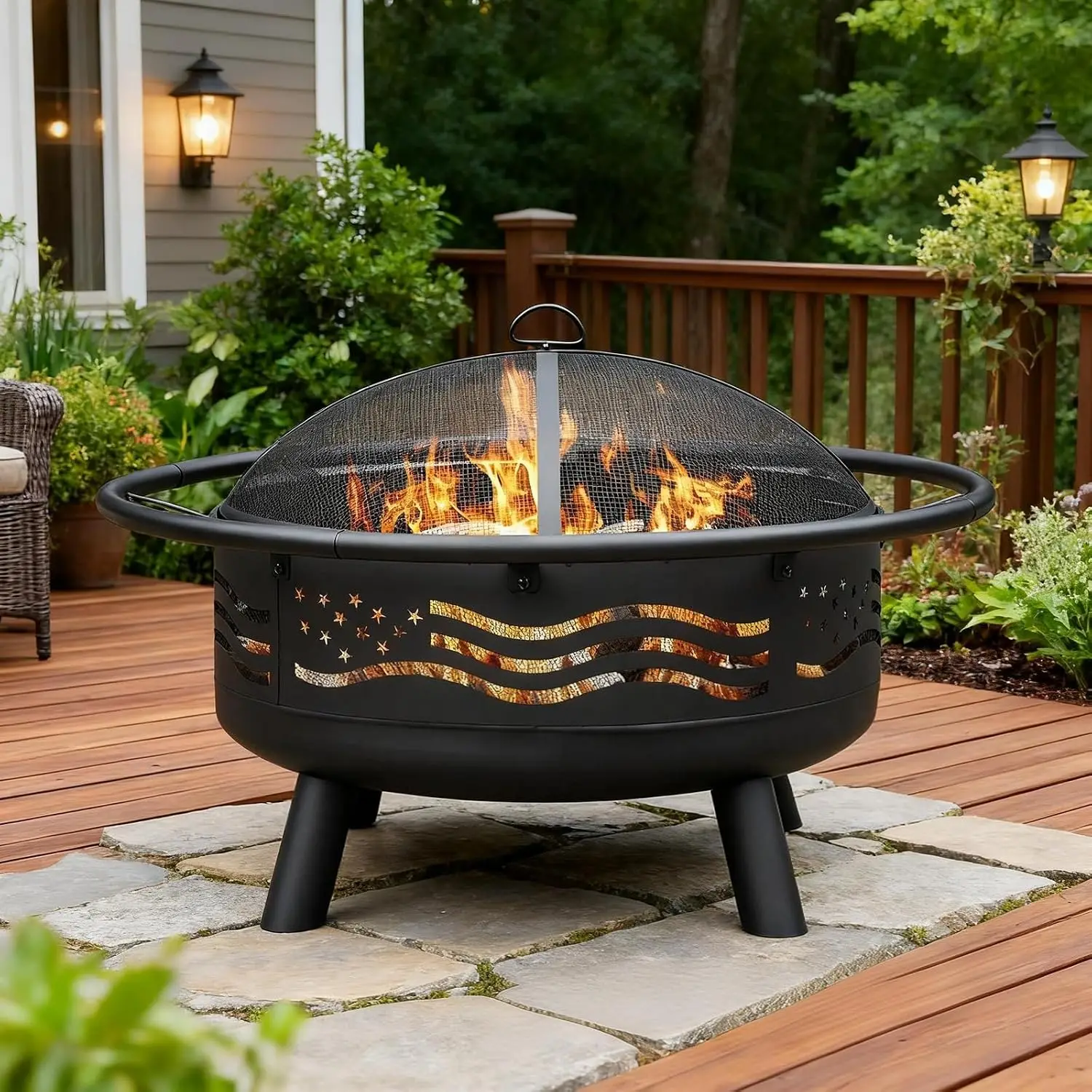 Breezz 32 Inch American Flag Fire Pit with Mesh Cover & Poker, Round Metal Wood Burning Outdoor Firepit for Patio, Garden, Backy