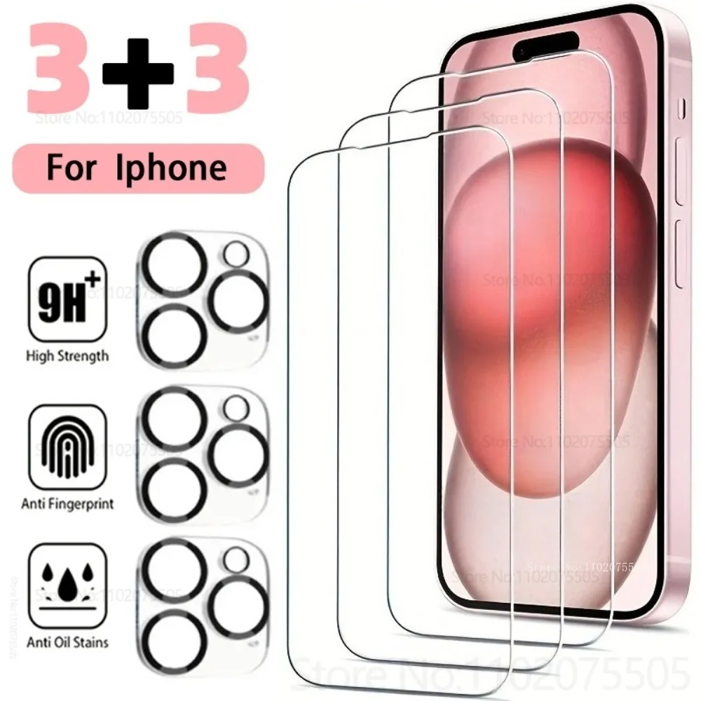 

[6-in-1]3Pcs Full Coverage Tempered Glass+3Pcs Camera Lens Protectors for IPhone 17 Promax 15 Pro 16 Plus 12 13 14 Promax 17 Air