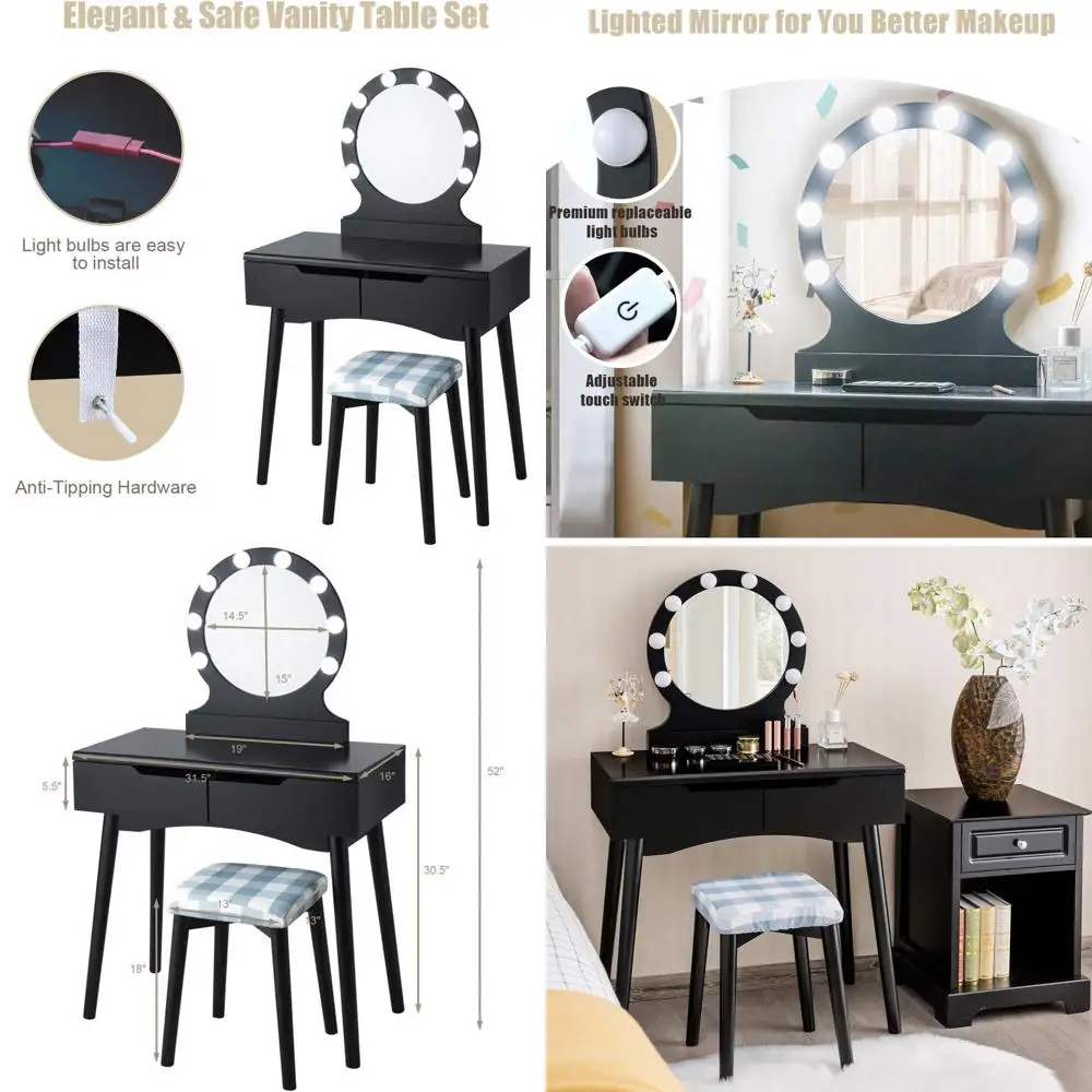 

Туалетный столик с 8 лампочками, сенсорным выключателем, большим круглым зеркалом, 2 ящиками и мягким стулом для спальни или ванной комнаты, черный цвет