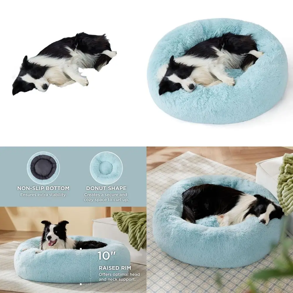 

Aqua Blue Washable 36 Round Plush Faux Fur Dog Bed for Large Pets up to 80 lbs