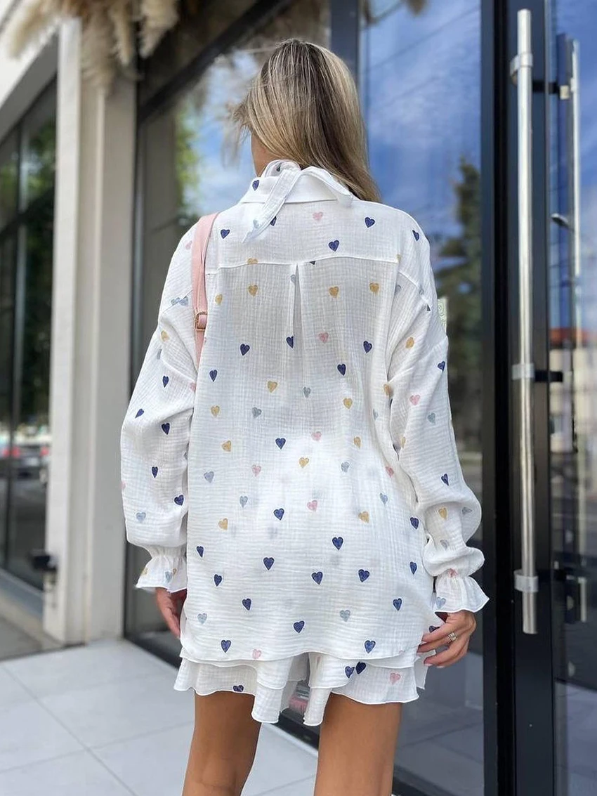 Marthaqiqi Loose Female Pajamas Suit Sexy Lingerie Long Sleeve Nightgown Turn-Down Collar Sleepwear Shorts Nightwear 3 Piece Set