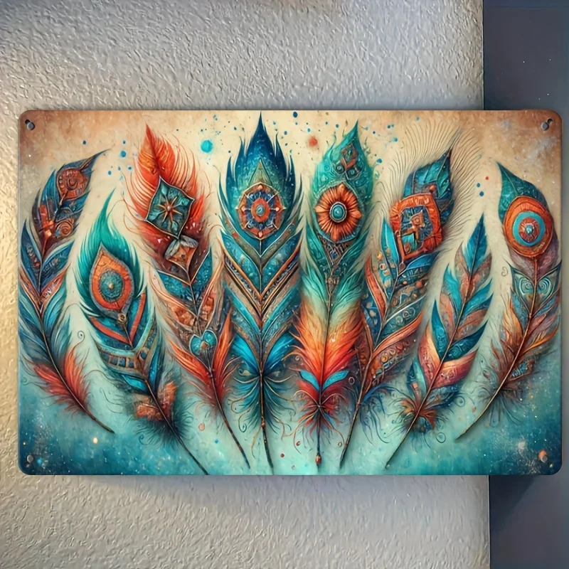 

1 шт. металлический настенный рисунок с ярким пером, 8x12 дюймов - красочная резьба из железной фольги, декоративная подвесная вывеска для кафе, кухни
