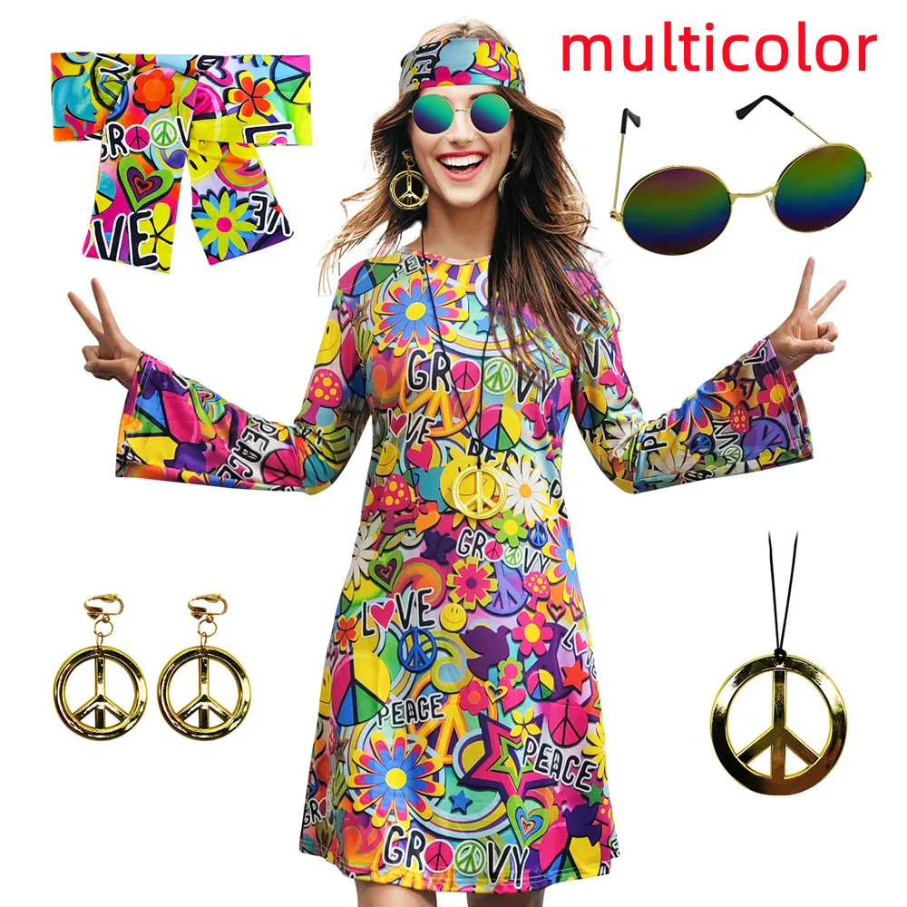 Women\'s Halloween Floral 1960\'s 1970\'s Hippie Costume Dress Women Hippie Costume Set  Halloween Party Disco 70\'s Dance Costume S