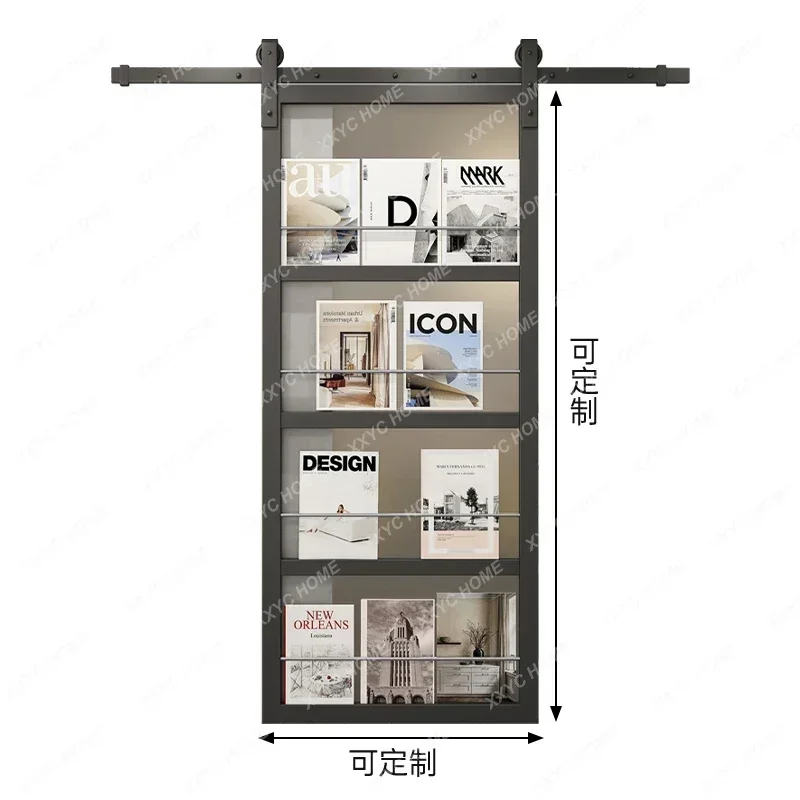 Iron industrial style  bookshelf door creative door Invisible barn door Restaurant book bar Glass sliding