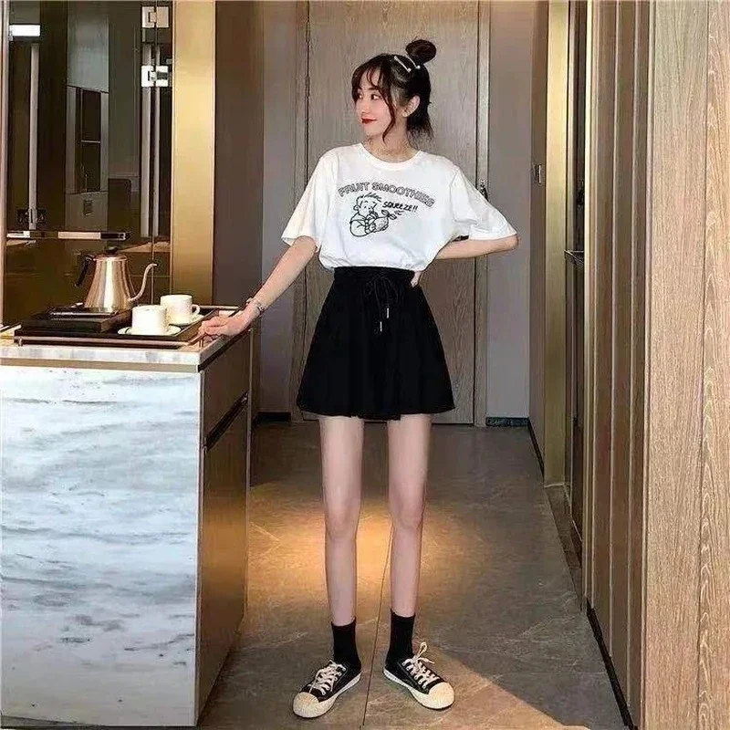 3Xl Summer Shorts Skirts Women Elastic High Waist Casual Wide Leg Shorts Korean A Line Loose Mini Skirt Black Short Pants