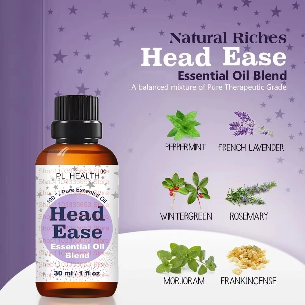 30ML Essential Oil Blend for Head Ease Aromatherapy with Lavender, Peppermint, Rosemary, Wintergreen, Marjoram and Frankincense