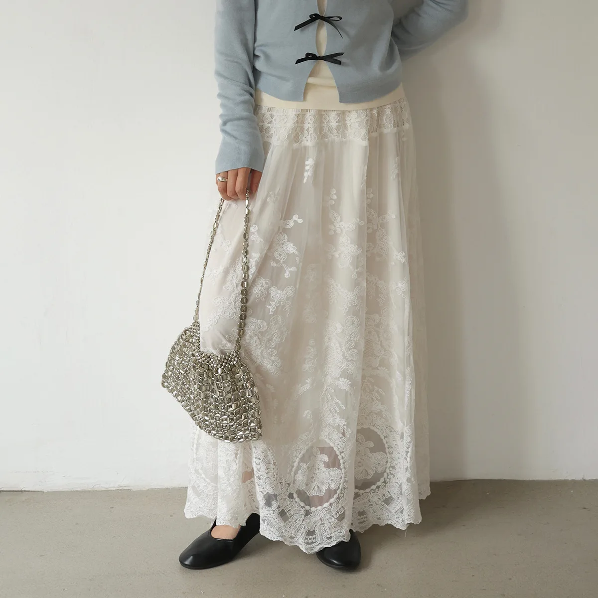 Lace Trim Midi Skirt for Women, Autumn and Winter, Elastic High Waist, Vacation Skirt