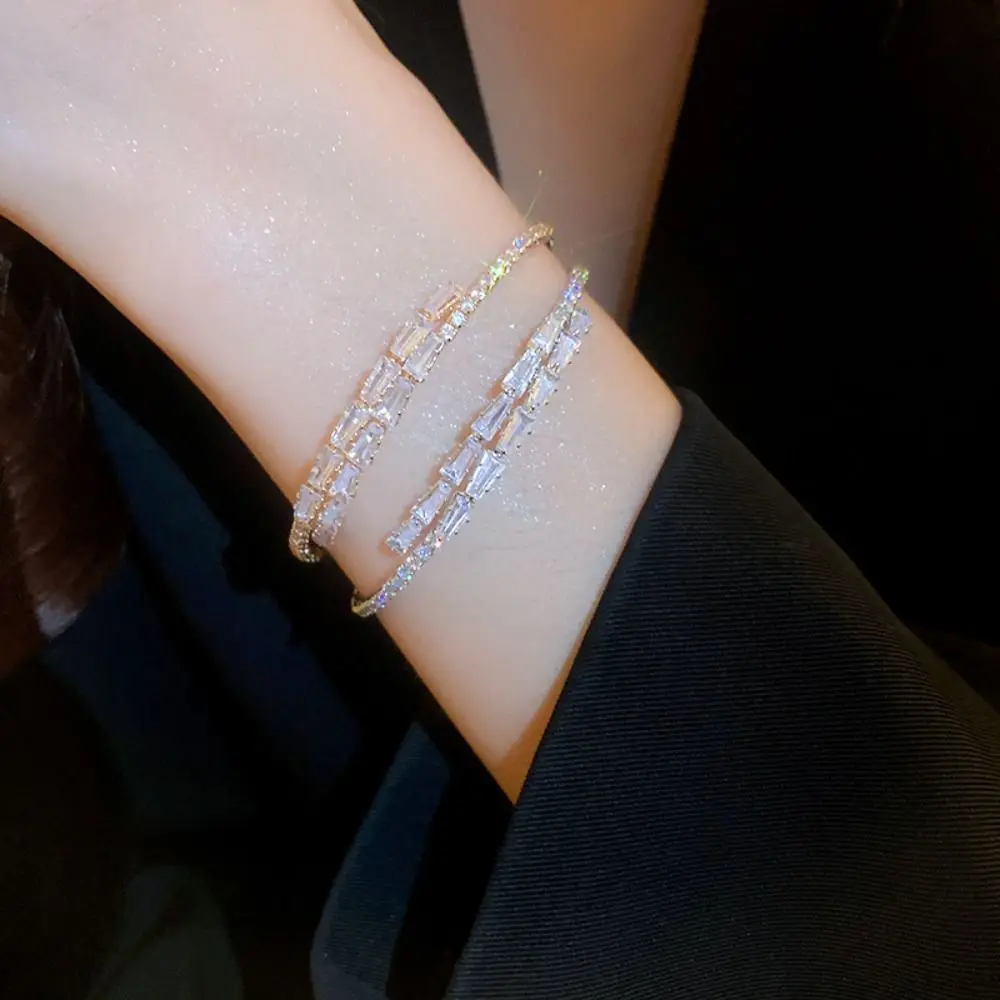 Korean Exquisite Geometric Round Opening Bracelet Sweet Elegant Full Rhinestone Simple Bracelet Women's Jewelry Accessories