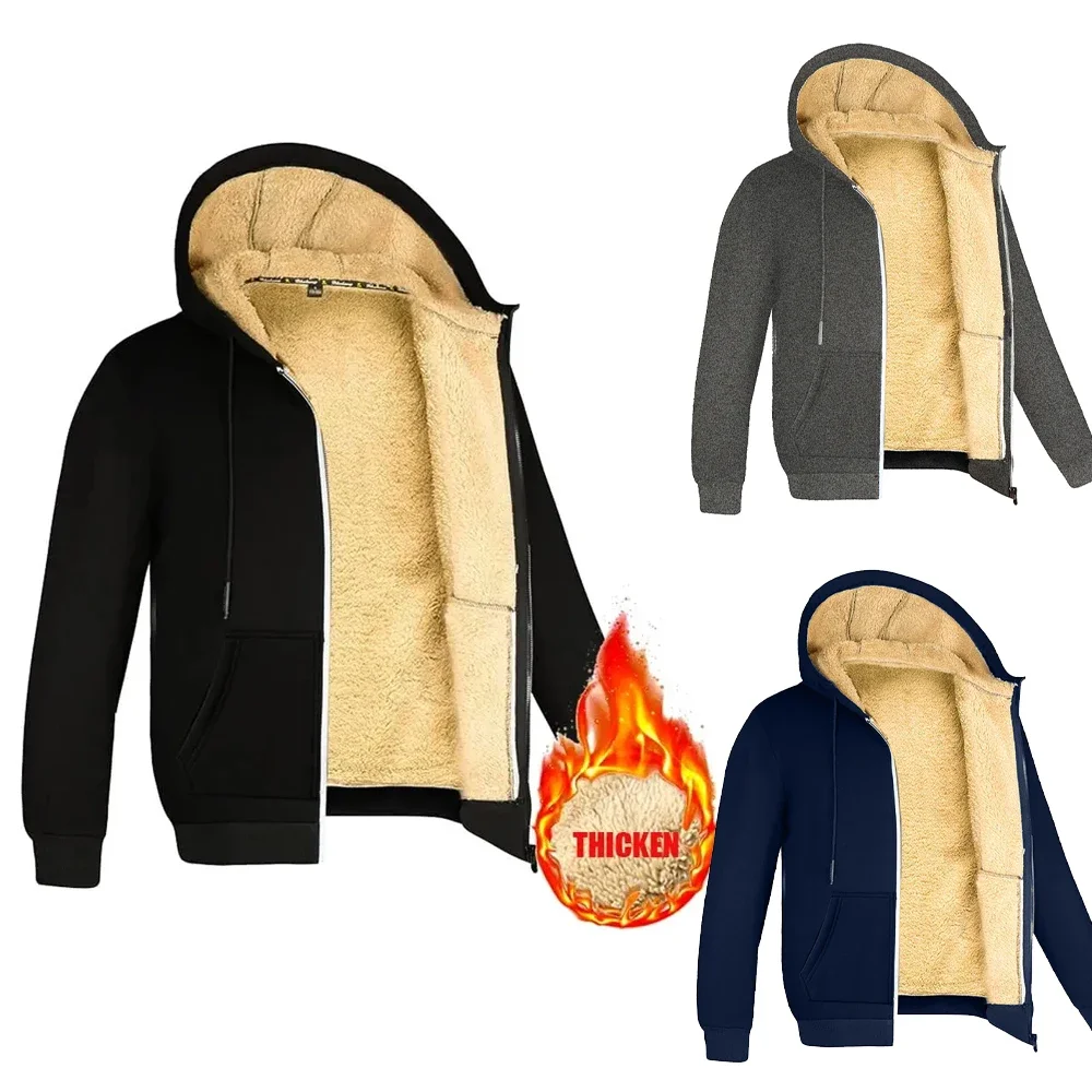 Zimowe bluzy z kapturem z wełny jagnięcej Męskie grube ciepłe bluzy z zamkiem błyskawicznym Wiatroszczelna gruba kurtka termiczna Streetwear Casual Plus Size