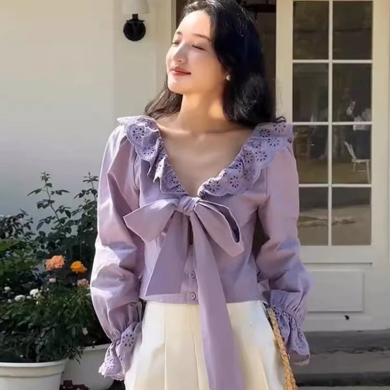 

Summer V-neck Solid Causal Shirts Women's Sweet Romantic High Street Gentle Long Sleeve Shirts Women Tops Female Clothes