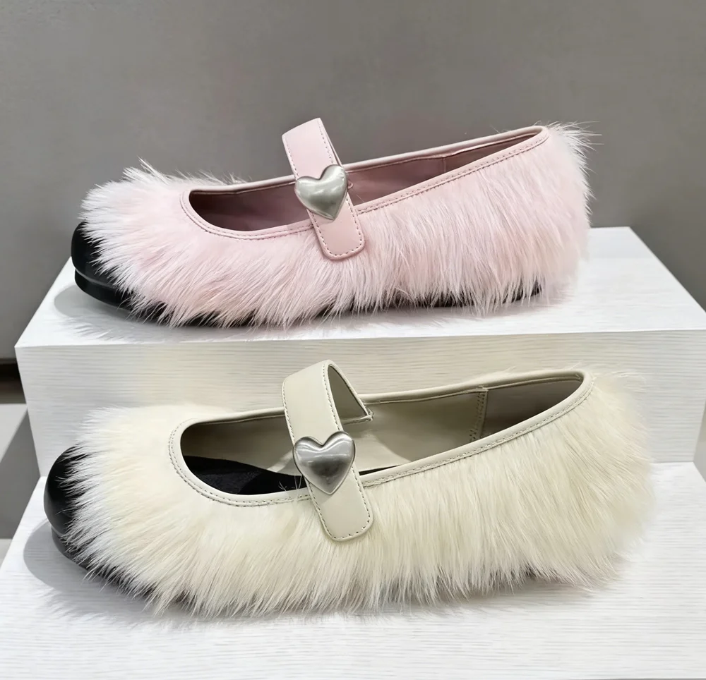 White Faux Fur Mary Jane Flats Black Leather Toe Cap Heart-Accented Strap Cute Round-Toe Sweet Winter Casual Everyday Outfits view 2