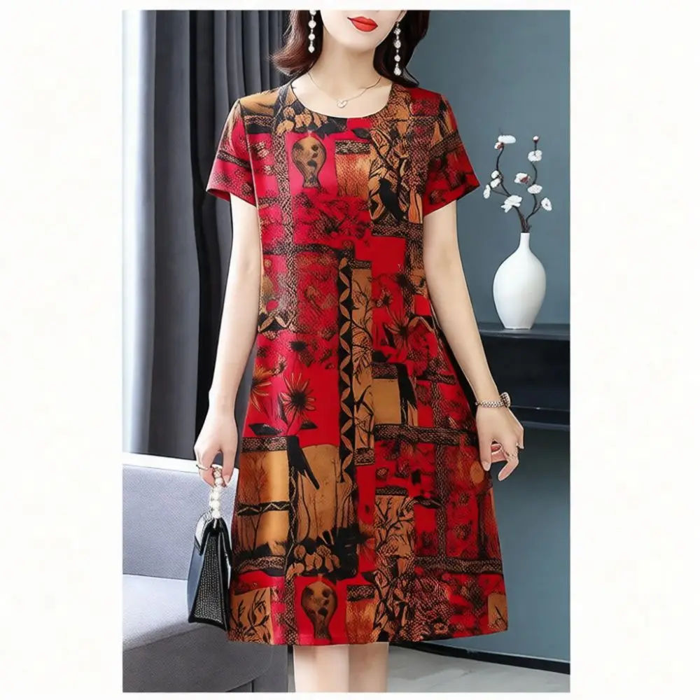 Elegant Retro Floral Print Dress Summer Women Casual Short Sleeve Midi Clothing Soft Breathable Loose Fit Mother Dresses