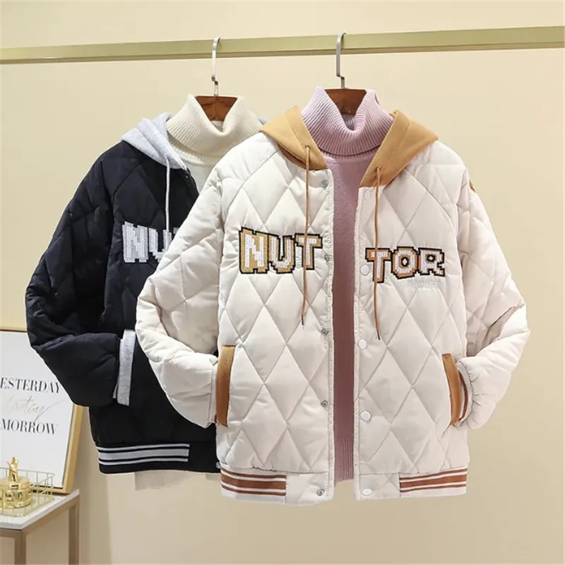 Winter Cotton Jacket Women 2023 New Loose Drawstring Hooded Coat Thicken Outerwear Fashion Pocket Covered Button Tops Female