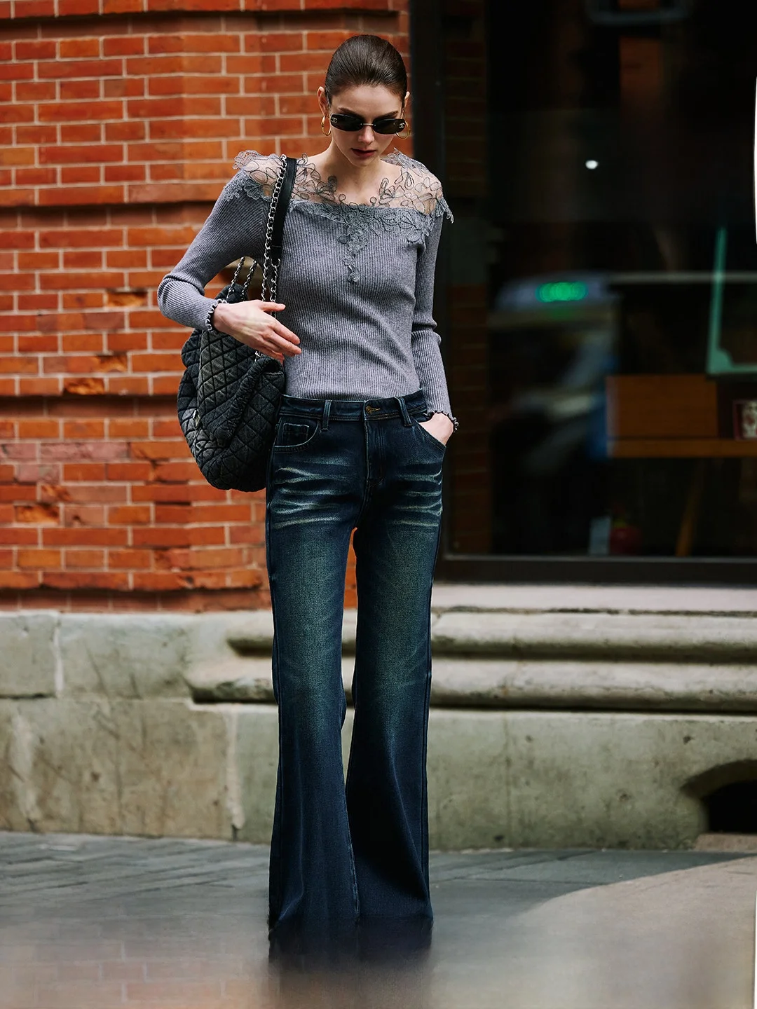 

Luna7xi Vintage Washed High Waist Slimming Bell Bottom Jeans Women's Elegant Commuting Micro Flared Long Trousers