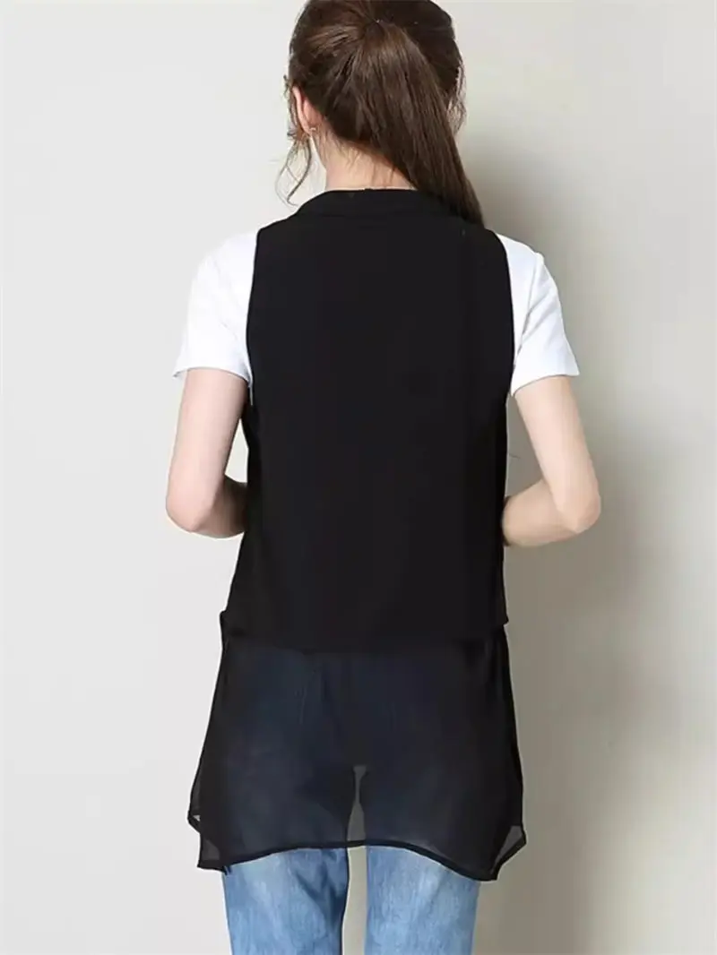 Gilet long en fibre noire épissée irrégulière pour femmes, haut de veste, mode élégante, nouveau, été, printemps, 2024, K1116