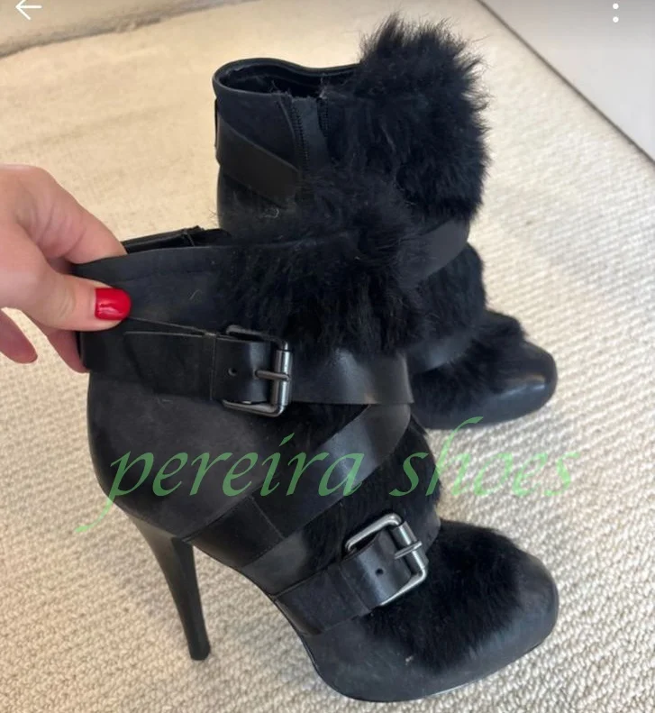

Lady Black Fur Buckle Strap Ankle Boots Zipper Fur Pu Black Stiletto Heel Daily Gladiator Style Retro Footwear Size Warm Boots