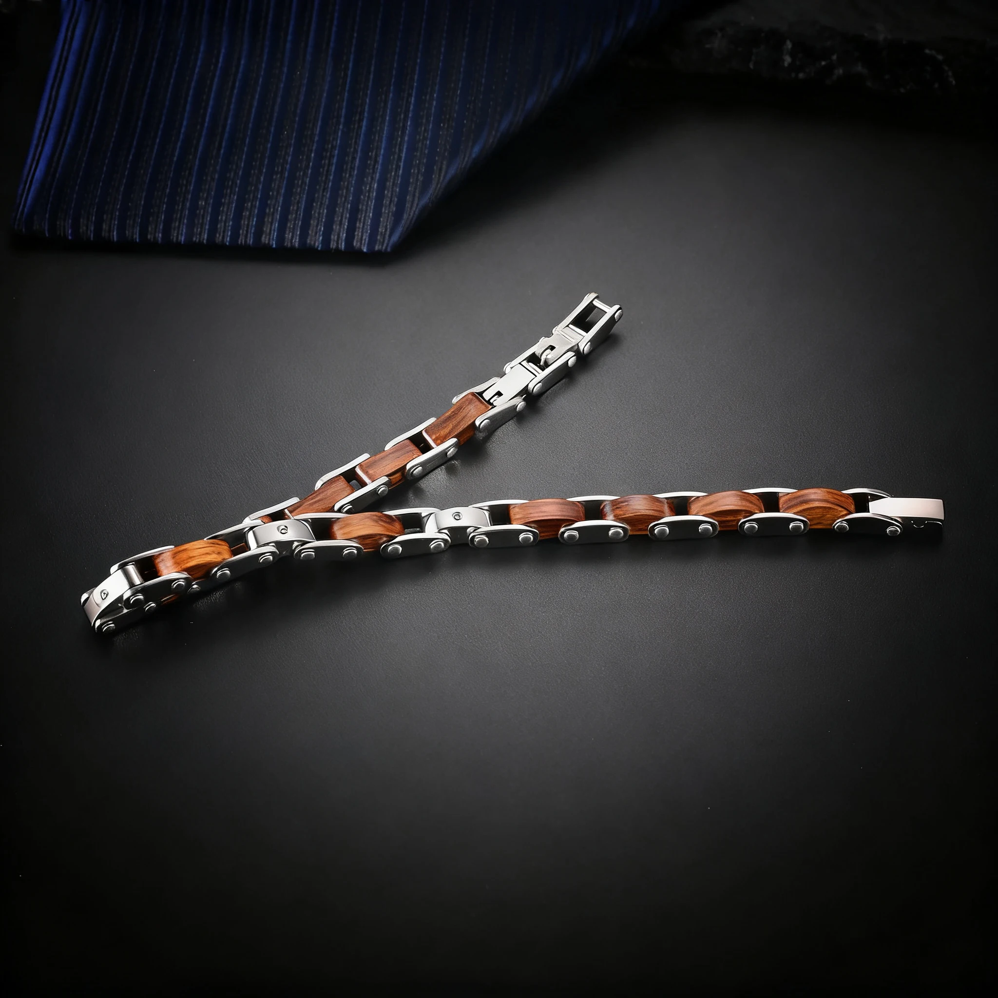 Runda Men's Wooden Bracelet 22cm Adjustable Stainless Steel Link Chain Handmade Natural Fashion Accessory - Image 3