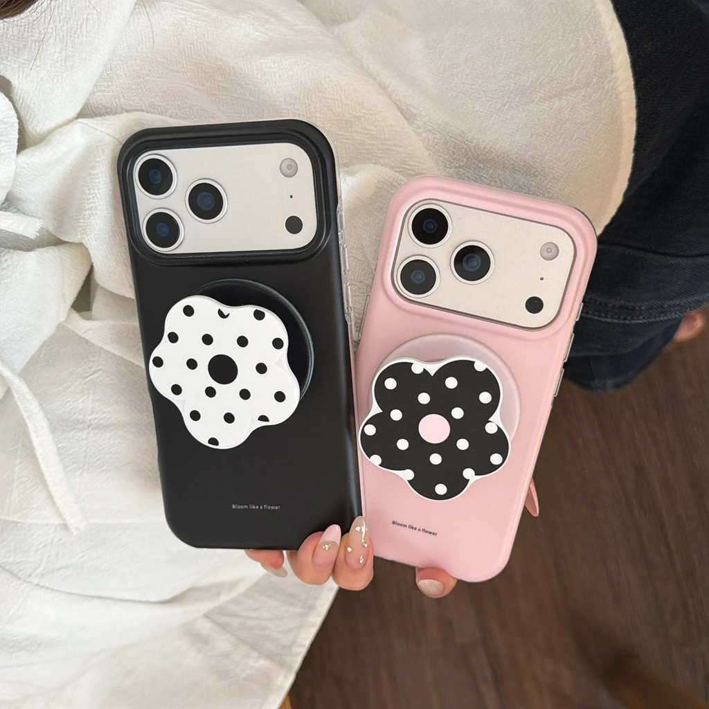 ins Fashion Simple Solid Color Magnetic With Polka Dot Flowers Holder Phone Cover Case for iPhone 17 16 15 14 Pro Max