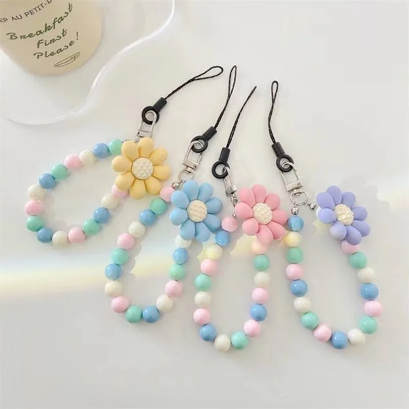 Sunflower Pendant Mobile Phone Lanyard Smartphone Chain Phone Case Decoration Beaded Wire Rope Telephone Strap Cellphone Hanging