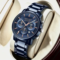 2024 New Multi functional Watch Hannah Martin Brand 46mm Blue Silver Stainless Steel Leisure Quartz Timing Watch Freee Shipping