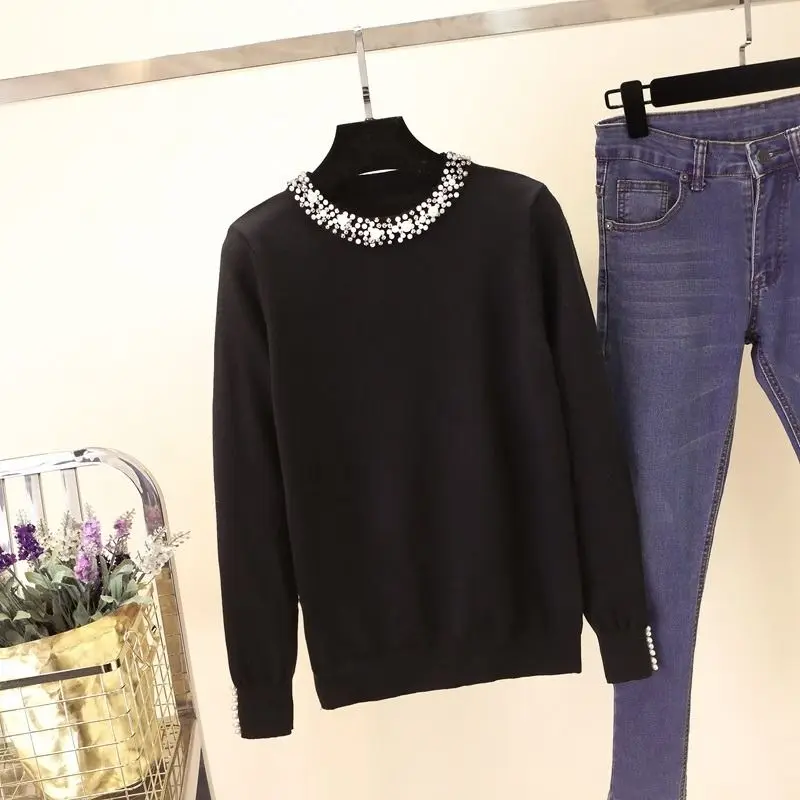 Woman Sweaters Long Sleeve Beading O-Neck Knitted Sweater Women Pullover Tops Winter Clothes Women 2024 Sweaters For Women D969