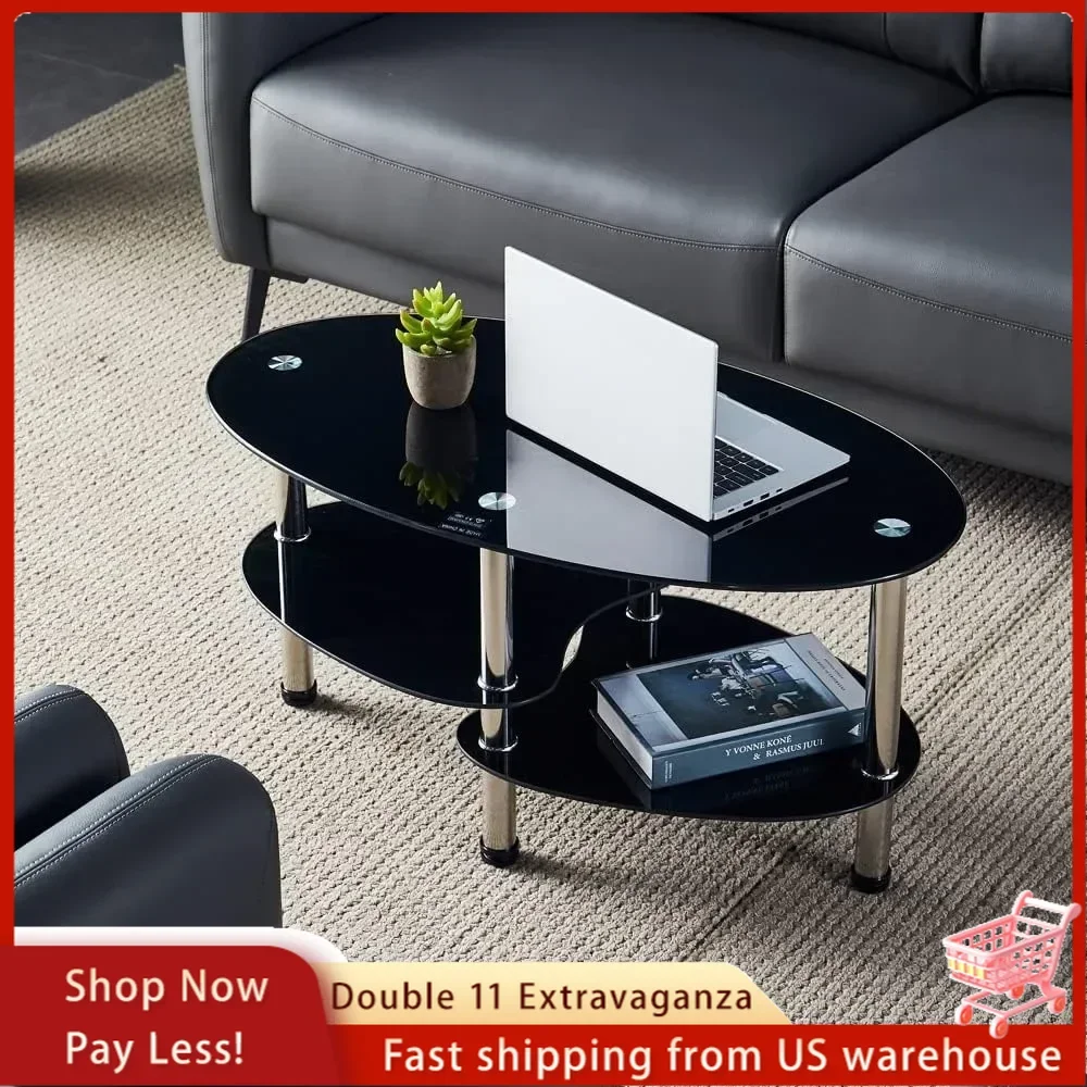 Oval-Shaped Glass Tea Table for Office, 3-Tier Storage rack Modern Coffee Table, End Table for Living Room (Black)