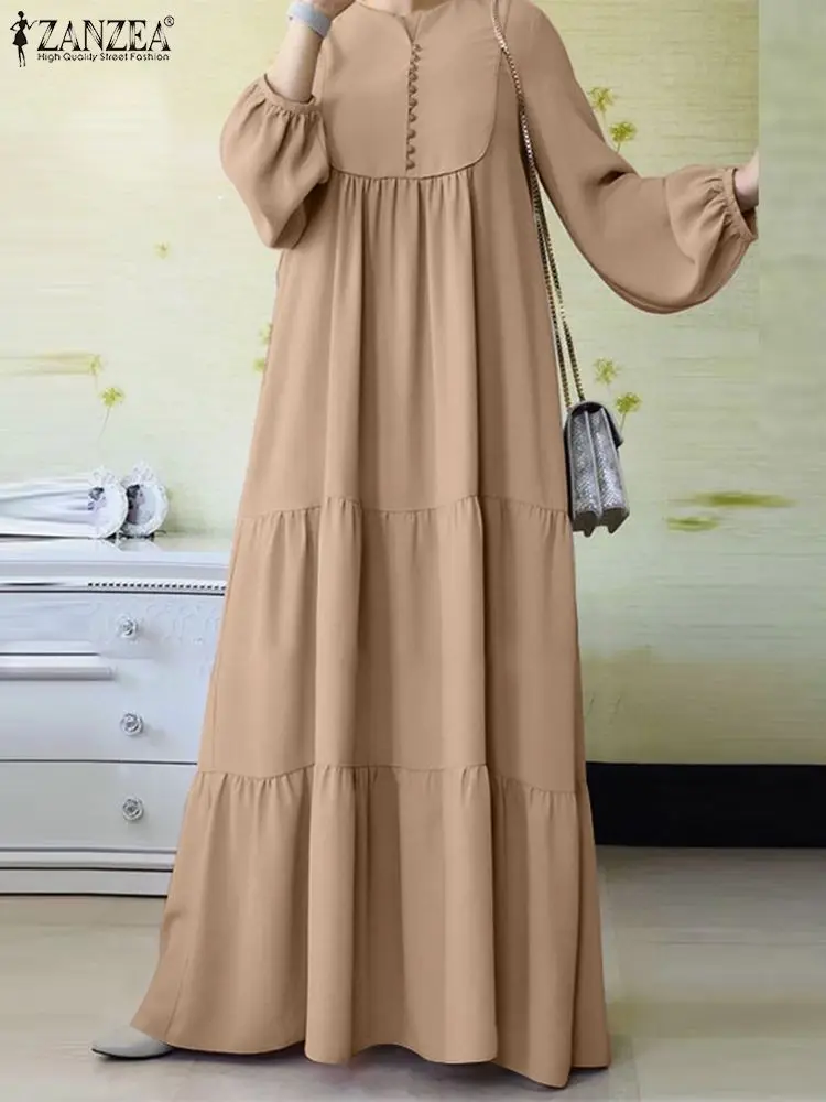 ZANZEA-vestido de moda muçulmana, manga comprida, decote em v, robe sólido, vestidos turco hijab elegantes, festa vintage, vestido de verão Dubai,