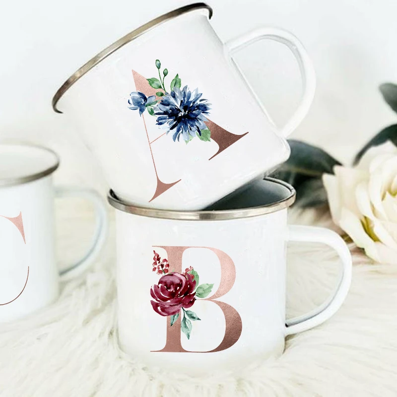 Alphabet Flower Print Enamel Mugs Creative Coffee Cup Drink Dessert Milk Cups Vintage Handle Drinkware Wedding Bridesmaid Gifts