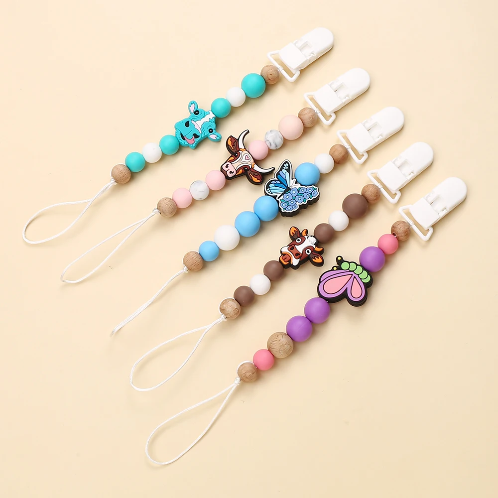 Fashion Baby Pacifier Clip Wooden Dummy Nipple Holder Clip Chain Silicone Bull Cute butterfly Animal Infant Teether Toy Bracelet