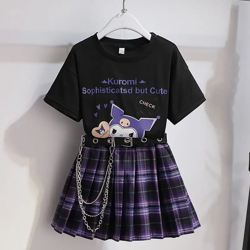 Sanrio Kawaii Anime Kuromi Cute Cartoon JK Uniform Skirt Suit Women Summer Dress College Style Short Sleeve Skirt Birthday Gift