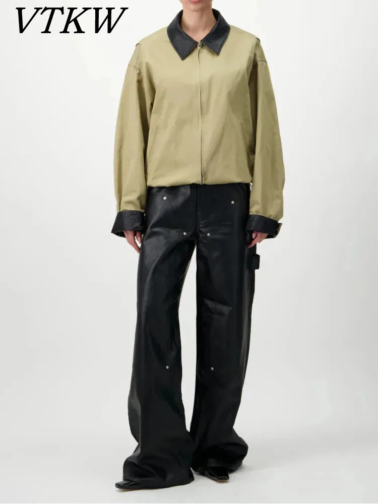 

VTKW 2026 Women Khaki Black Contrast Collar Jacket Long Sleeve Buttoned Casual Fashion Streetwear Outerwear Daily Stylish Coat