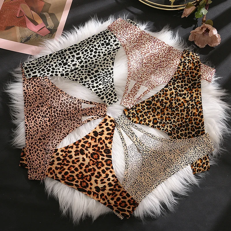 3Pcs/Set Sexy Leopard Thongs Women'S Panties Female Underwear Seamless Printed Ice Silk Briefs Thong Sport Breathable