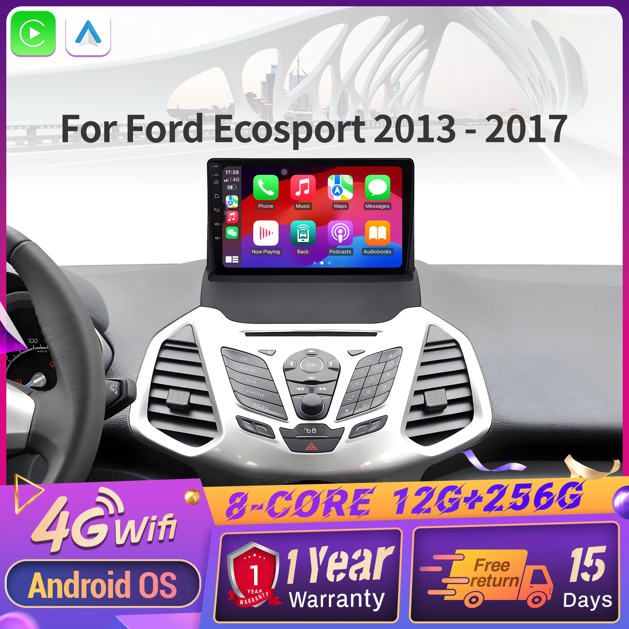 Android 14 GPS For Ford Ecosport 2013-2017 Car Radio Multimedia Navigation Wireless CarPlay 2K QLED Screen