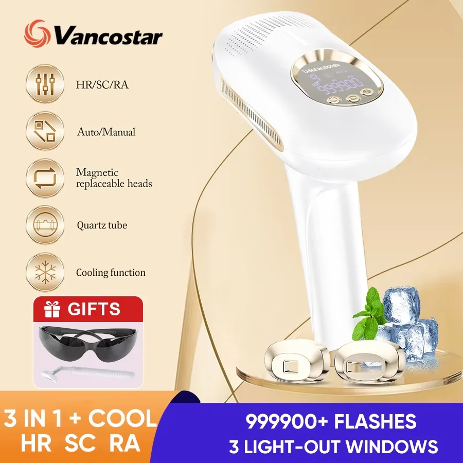 Vancostar 3in1 Laser Hair Removal Cooling Rejuvenation Acne Treatment Extra 2 Caps Permanent Bikini Trimmer At-home IPL Epilator