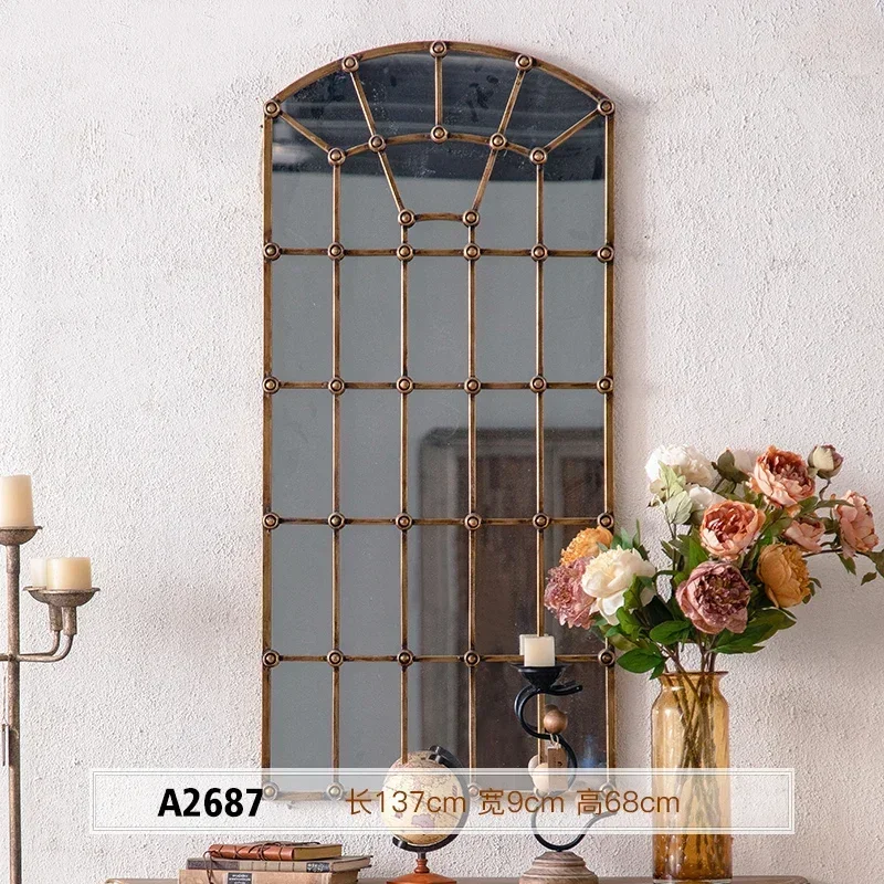 

American full-length mirror wall-mounted wrought iron entrance cosmetic mirror industrial style living room light luxury mirror