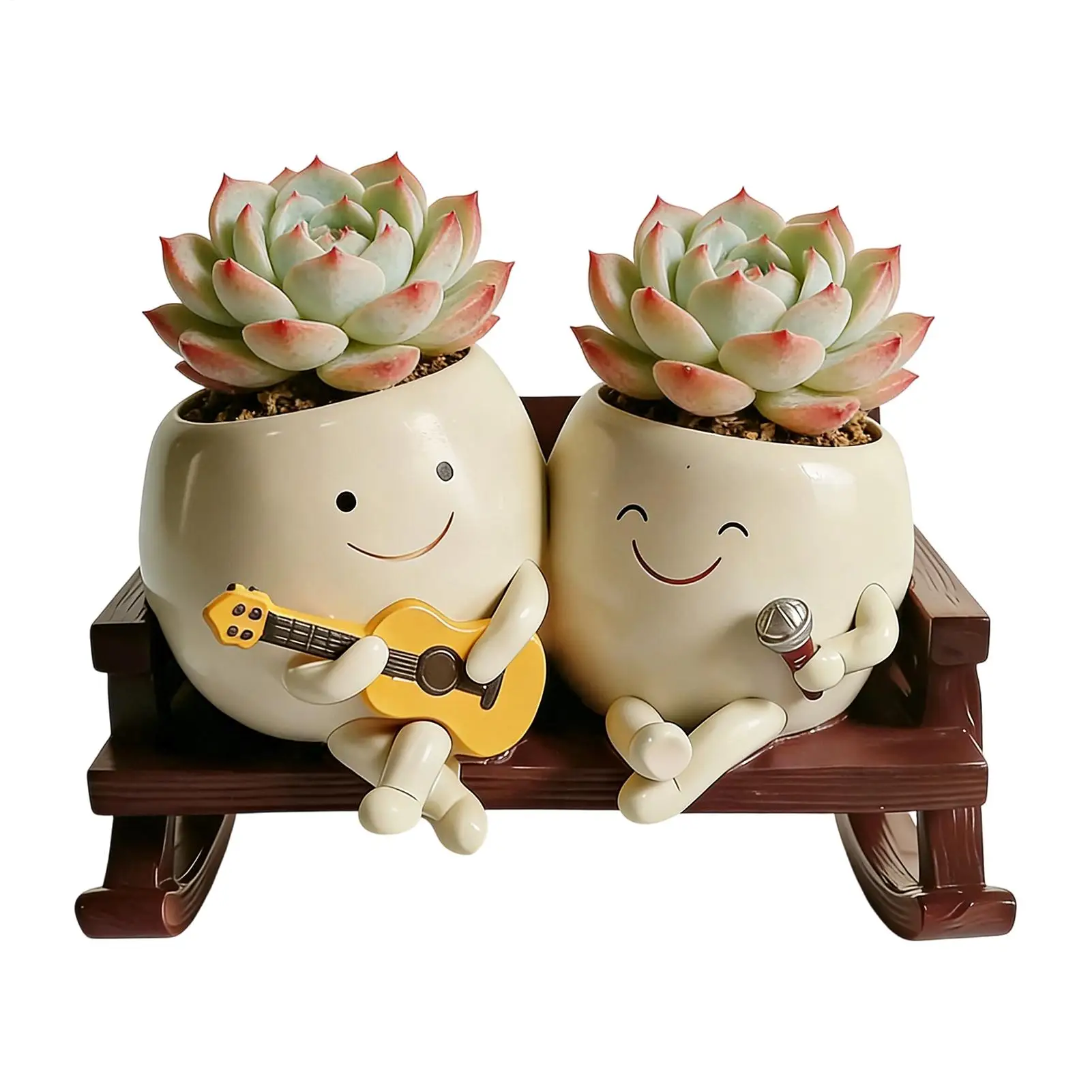 Smiling Face Flower Pot Resin Heart-shaped Rocking Chair Double Headed Face Flower Pot With Guitar & Microphone ForSucculent