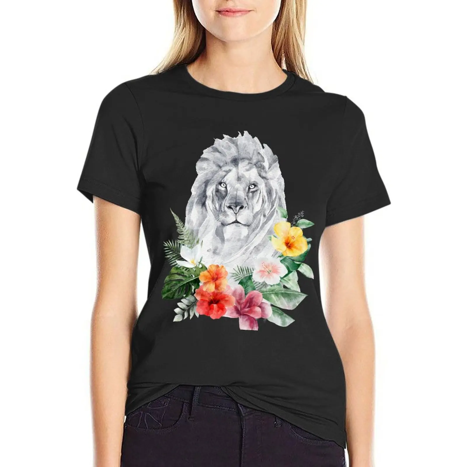 

Lion and nature floral T-Shirt hippie clothes cute tops graphic t-shirts for Women